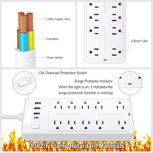 Power Strips with Surge Protection 16Awg Heavy Duty 2000W/13A 10 Outlets with 4 USB Ports (1 USB C) Extension Cord with Multiple Outlets 14-in-1 Flat Plug Power Strip Protector for Home Office White