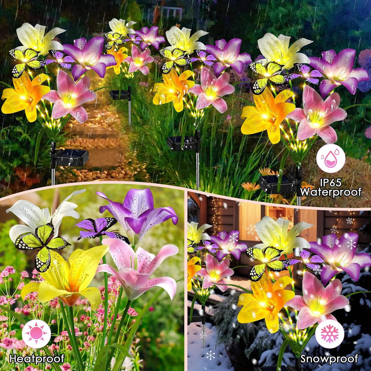 2 Pack Solar Garden Flower Lights Outdoor 8 Waterproof Solar Lilies with Butterflies Christmas Decorative Lights Outside Decor Stake Light for Landscape Yard Patio Lawn Gift for Women Mom Grandma