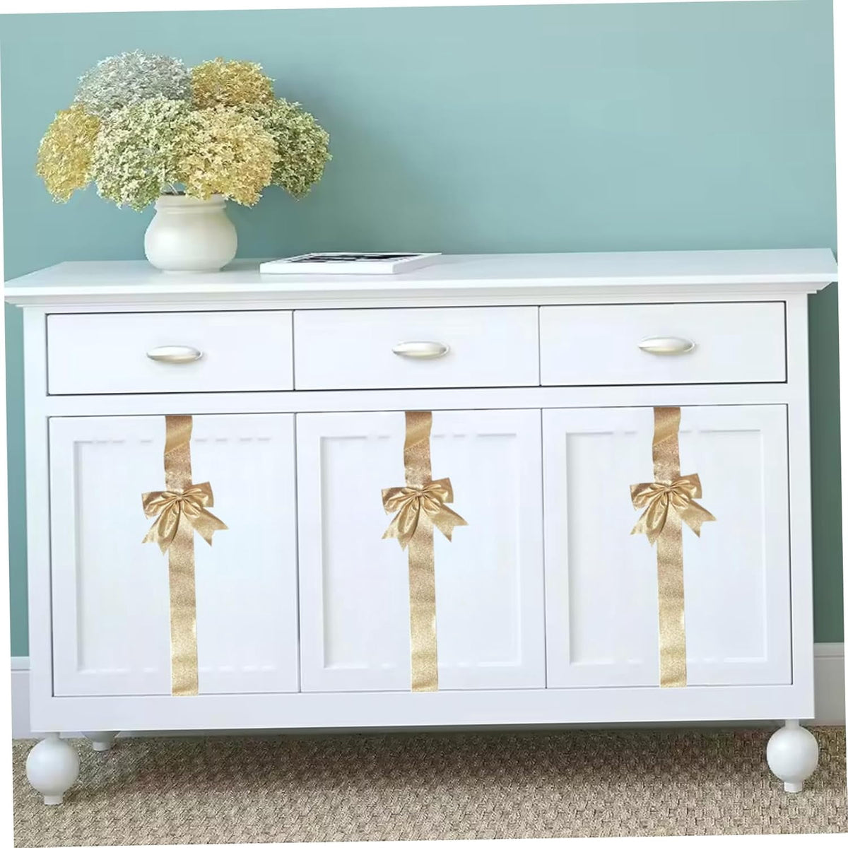 6 Pcs Large Christmas Cabinet Bows 8x40 Christmas Gold Ribbon Easy to Install on Cabinet Door Christmas Wreath Tree Bow Festival Decorations for Home Fireplace Door Holiday Party Wedding Supplies