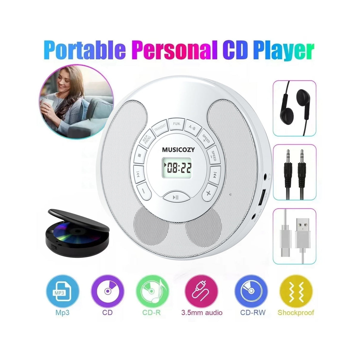 Portable CD Player with Bluetooth Rechargeable Walkmans CD Player for Car Built-in Speaker Bluetooth Transmitter A-B Repeat and Speed+/- Personal CD Player with Headphone Jack AUX Cable Best Gift