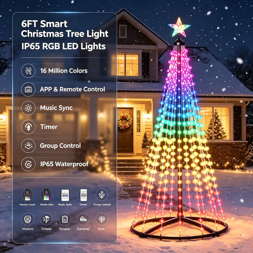 6FT Smart Christmas Tree Light IP65 RGB Christmas LED Lights 16 Mil Color Changing APP & Remote Control Music Sync Timer Group Control String Lights Xmas Decor Patio Beach Pool Cruise Party Gift