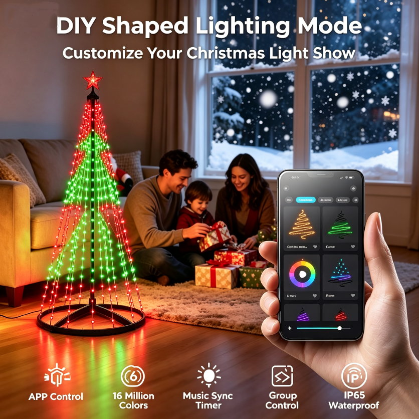5FT Smart Christmas Tree Light IP65 RGB Christmas LED Lights 16 Mil Color Changing APP & Remote Control Music Sync Timer Group Control String Lights Xmas Decor Patio Beach Pool Cruise Party Gift