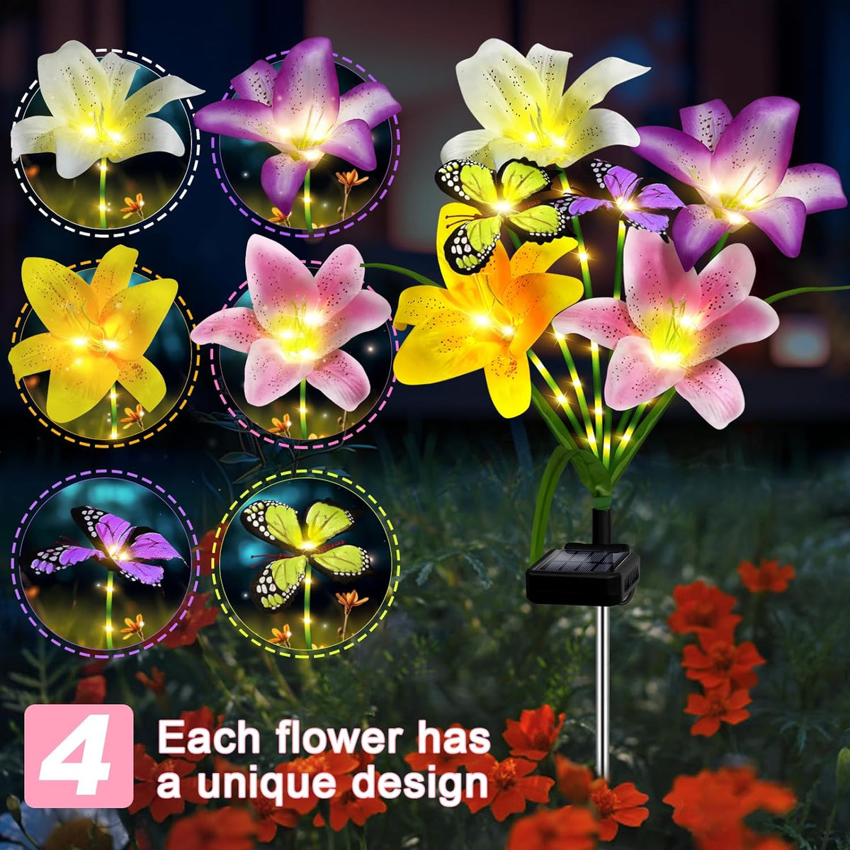 2 Pack Solar Garden Flower Lights Outdoor 8 Waterproof Solar Lilies with Butterflies Christmas Decorative Lights Outside Decor Stake Light for Landscape Yard Patio Lawn Gift for Women Mom Grandma