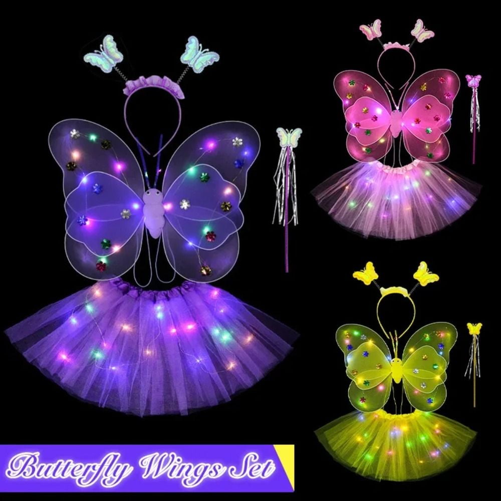 LED Children Costume Props Halloween Christmas gifts Fairy Princess Kids Costume Sets Butterfly Wings Wand Headband Tutu Skirt New Year Gifts for 3 4 5 6 7 8 Years Old Girls Blue with Light