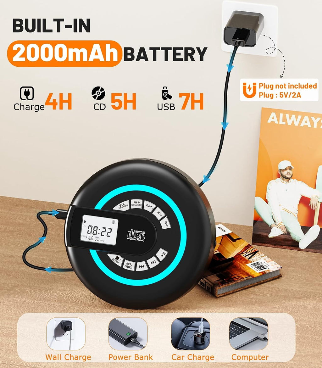 MUSICOZY Portable CD Player Bluetooth Personal CD Player with Built‑in Speakers Rechargeable Walkmans Support CD/MP3 Disc&USB Playback LCD Display Retro CD Player for Home Travel Car Student