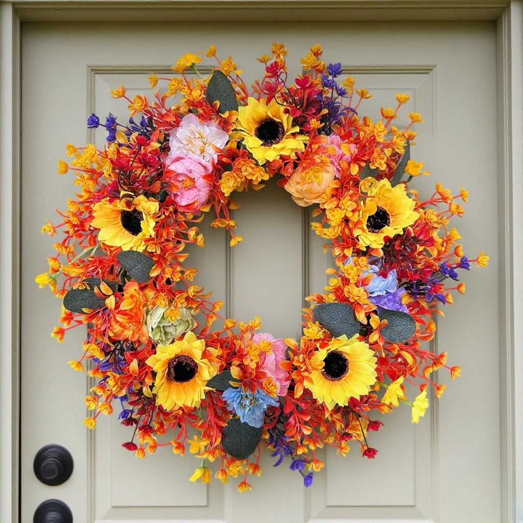 Fall Wreath Thanksgiving Decorations-18inch Fall Wreath with Sunflower Maple Leaf for Front Door - Autumn Wreath Artificial Wreaths with Flower for Thanksgiving Halloween Harvest Festival Home Decor