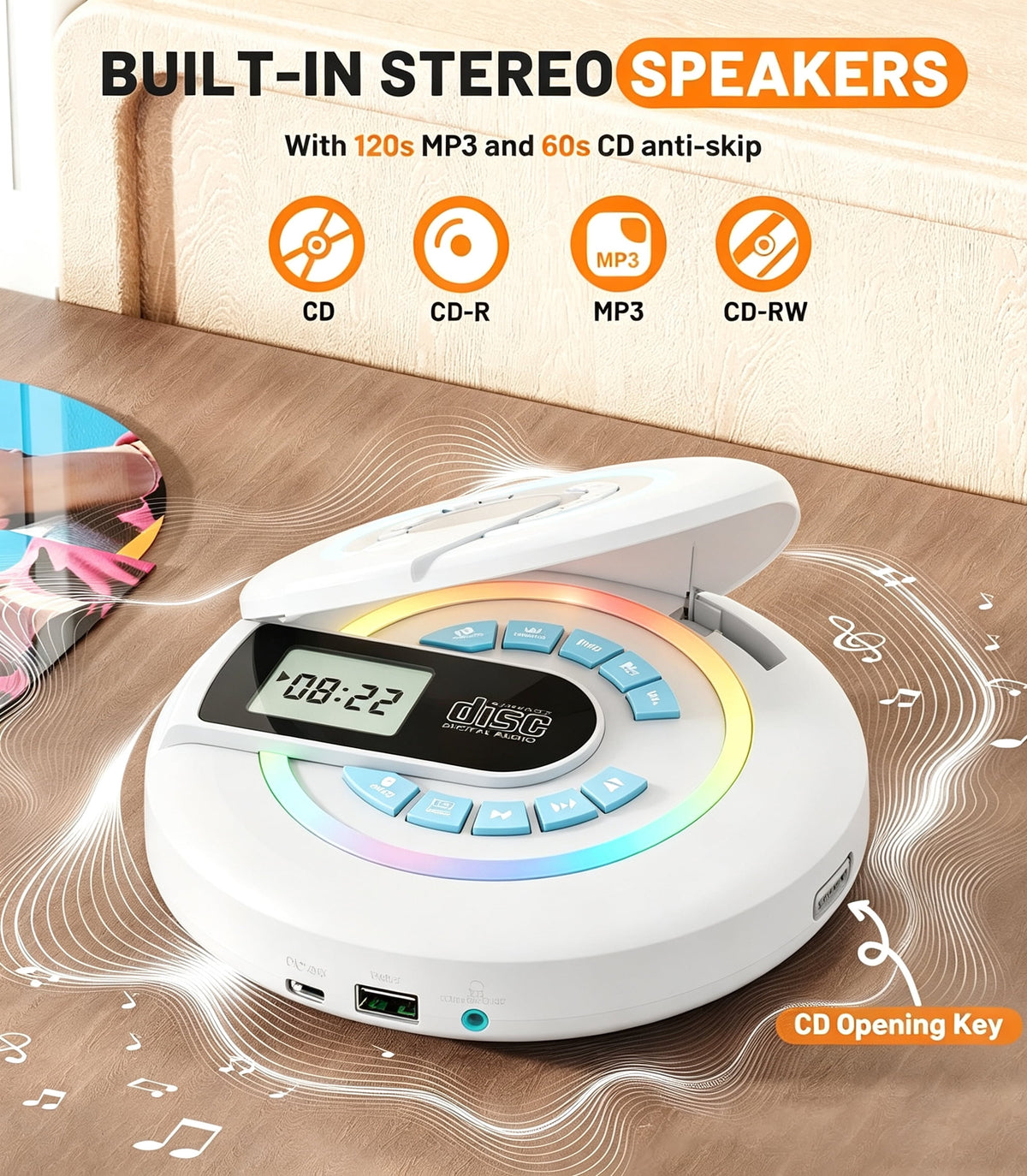 MUSICOZY Portable CD Player Bluetooth Personal CD Player with Built‑in Speakers Rechargeable Walkmans Support CD/MP3 Disc&USB Playback LCD Display Retro CD Player for Home Travel Car Student