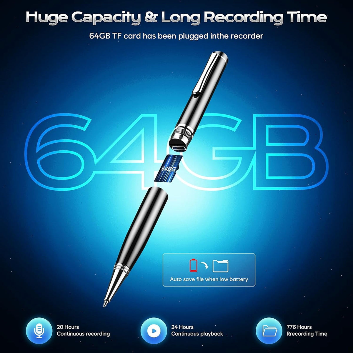 64GB Digital Voice Recorder Audio Recorder Pen with 25H Battery Life Playback & Voice Activation Recording Device Voice Activated Recorder with AI Noise Reduction for Lectures/Meetings/Interviews