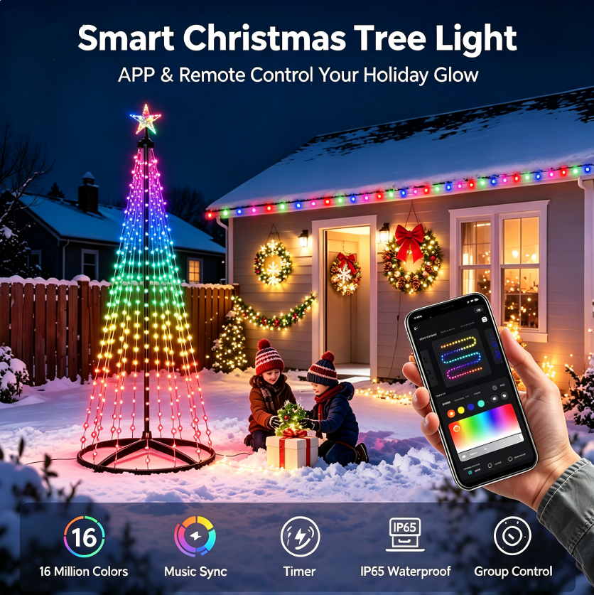 5FT Smart Christmas Tree Light IP65 RGB Christmas LED Lights 16 Mil Color Changing APP & Remote Control Music Sync Timer Group Control String Lights Xmas Decor Patio Beach Pool Cruise Party Gift