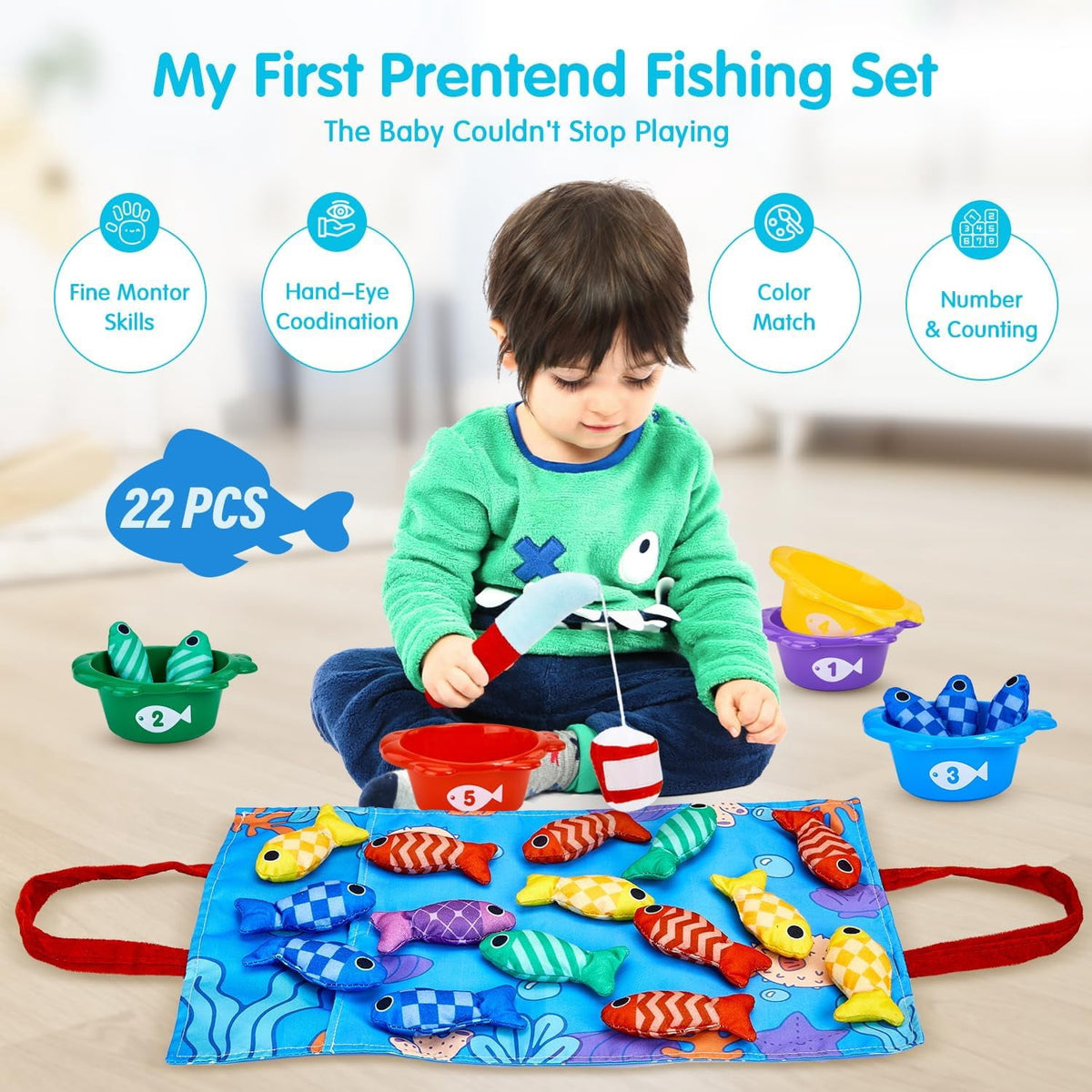 Toys for 1 Year Old Girl Boy Montessori Baby Toys 12-18 Months Cloth Fishing Game with Stacking Cups 1 Year Old Girl Boy Gifts Toddler Learning Toy 1 2 3 Year Old Baby Birthday Christmas Gifts