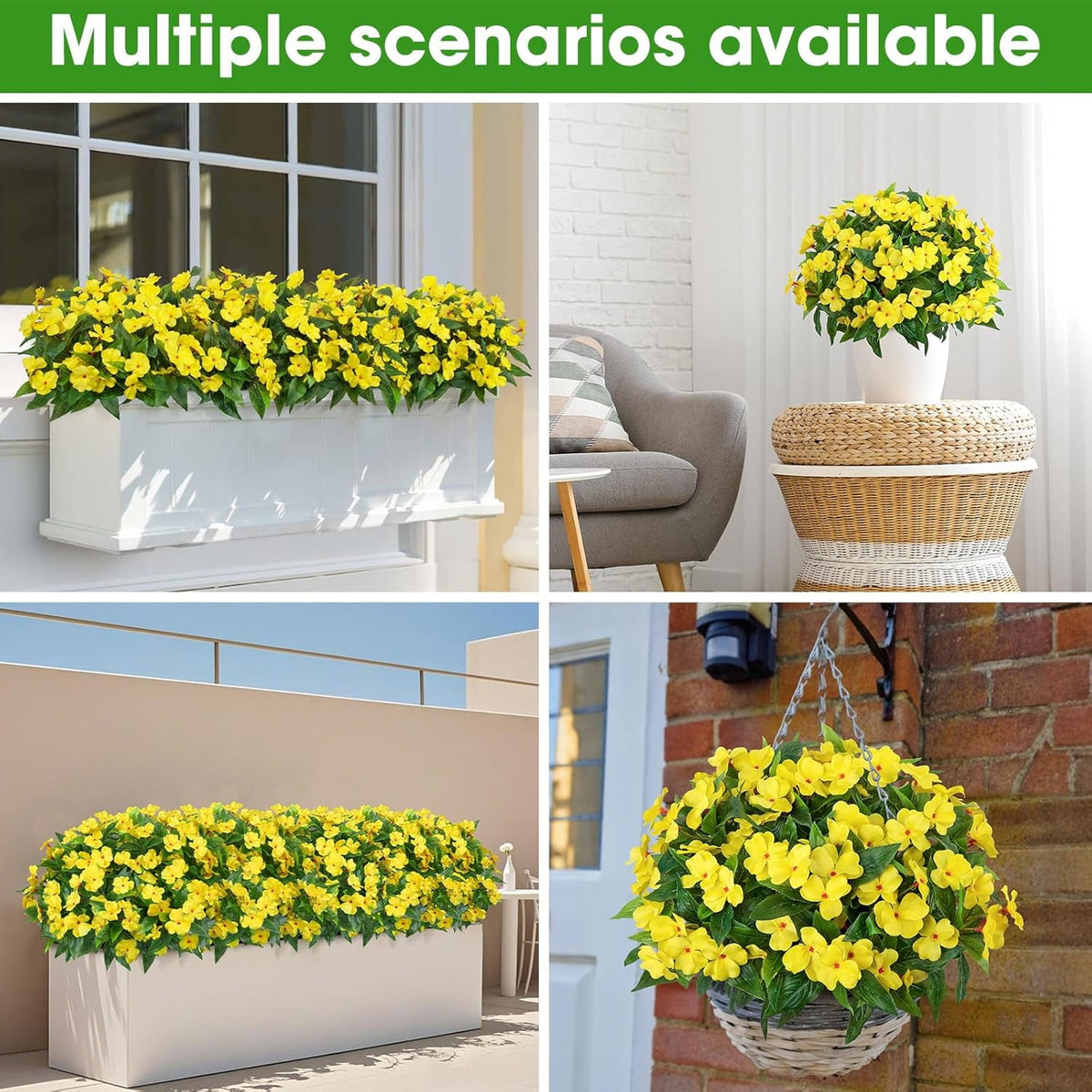 5 Pcs Artificial Flowers for Outdoors Silk Impatiens Flowers Bouquet Decorations Fake Faux Plants UV Resistant for Spring Summer Garden Porch Patio Window Box Balcony Planters Home Decor Yellow