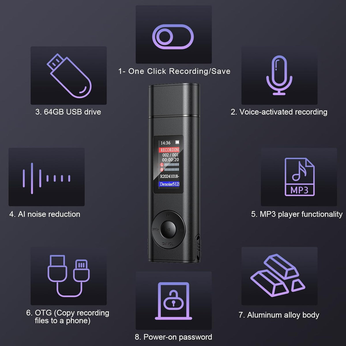 MUSICOZY Digital Voice Recorder 64GB USB Voice Activated Audio Recorder Small and Portable Voice Recorders with Playback Digital Voice Recorder for Meetings/Interviews/Classroom Support to 256GB