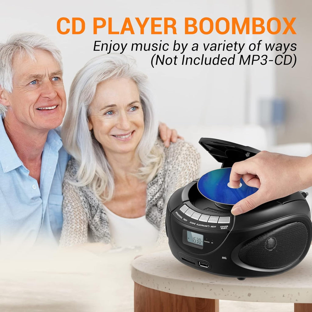 Portable CD Player Boombox with AM/FM Stereo Radio Bluetooth Speaker Players Support CD/USB/SD/BT/AUX Clear and Full Sound with Bass Boost LCD Display Headphone Jack AC/Battery Gift for Elderly