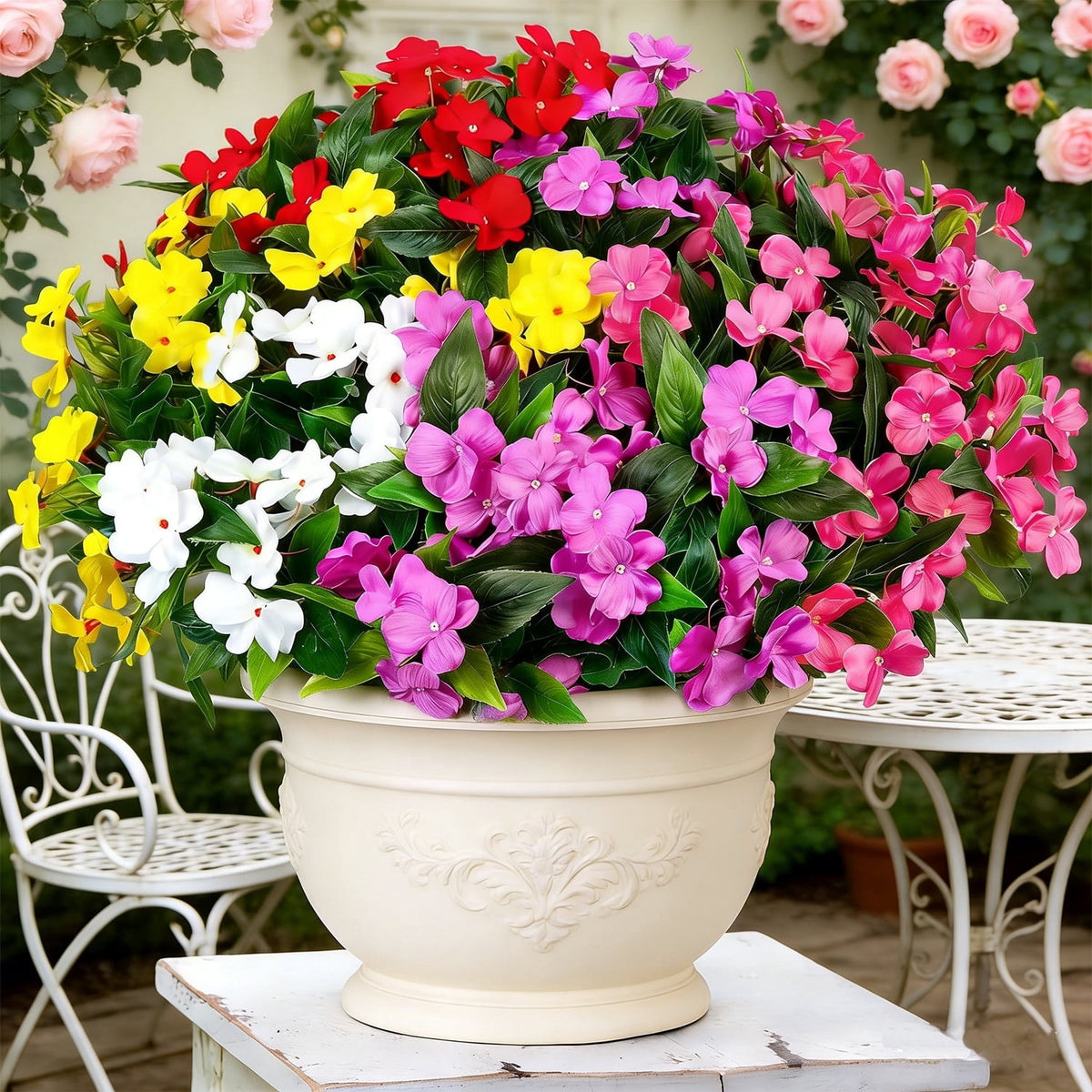 5 Pcs Artificial Flowers for Outdoors Silk Impatiens Flowers Bouquet Decorations Fake Faux Plants UV Resistant for Spring Summer Garden Porch Patio Window Box Balcony Planters Home Decor Multicolor