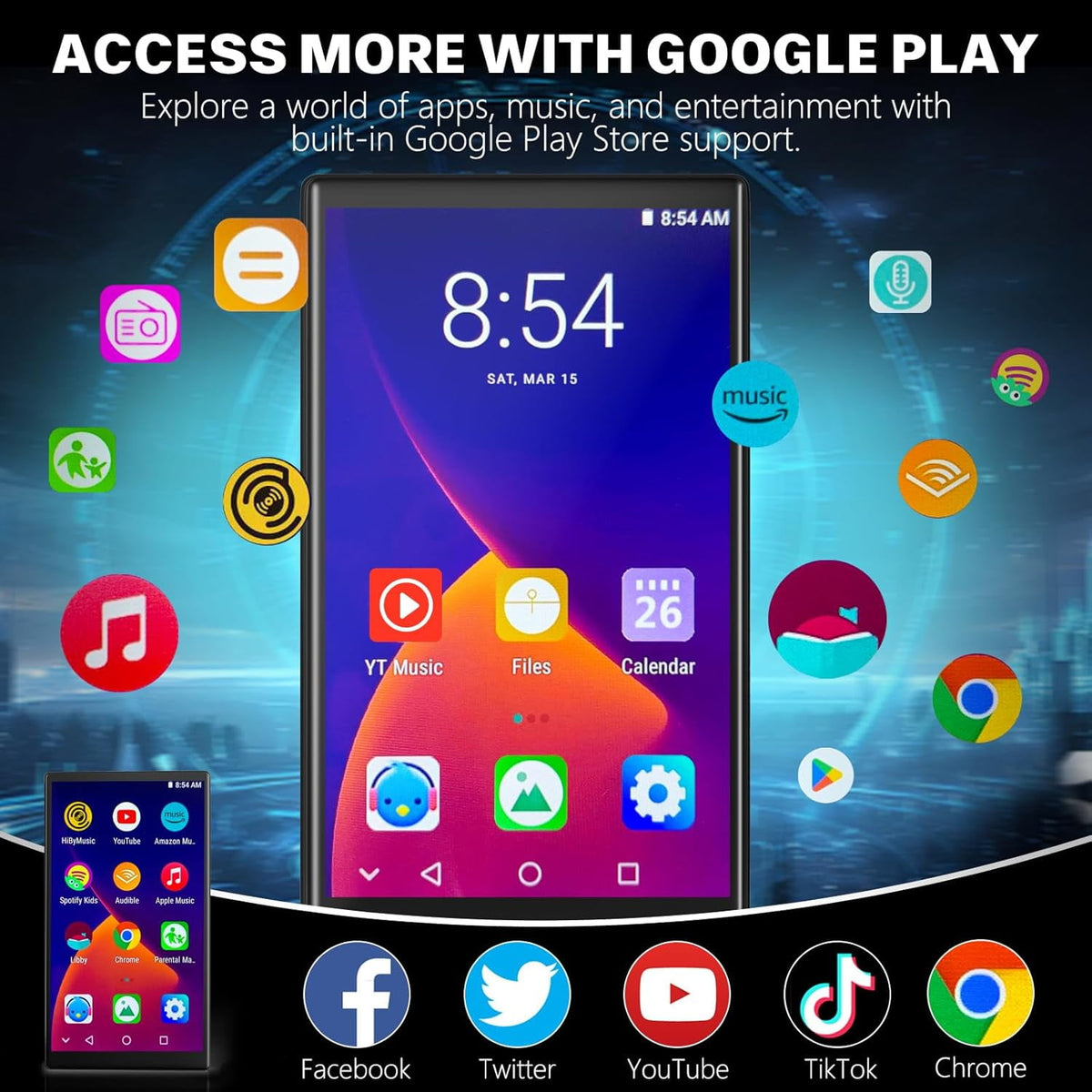 96GB MP3 Player with Bluetooth & WiFi 4.0 Touch Screen MP4 Player Music Player for Spotify Pandora Music Play Store FM Radio 3GB RAM Android Music Player for Parental Control Support Extended to 1TB