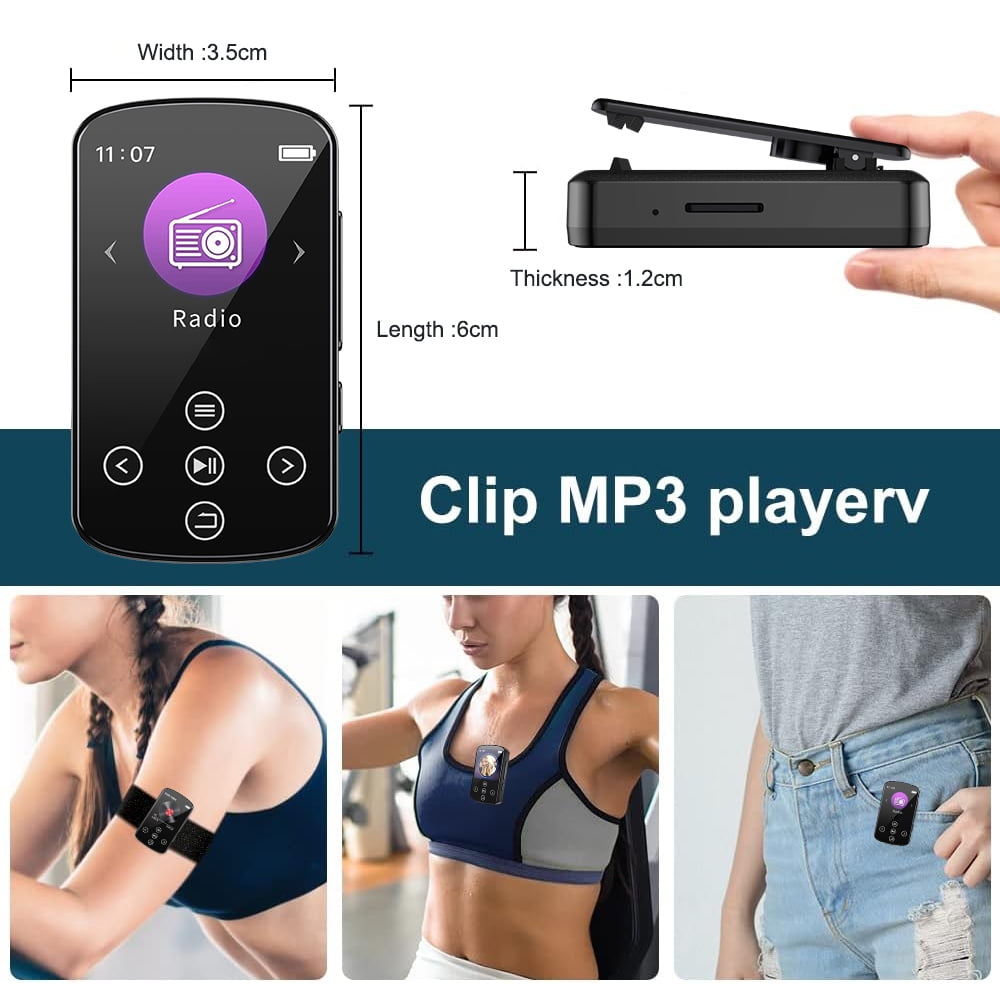 MP3 Player Bluetooth 5.4 MP4 Music Player with 64GB SD Card Portable HIFI Sports Music Player with Clip Touch Screen Button Voice Recorder FM Radio E-Book Support up to 128GB for Running Walking