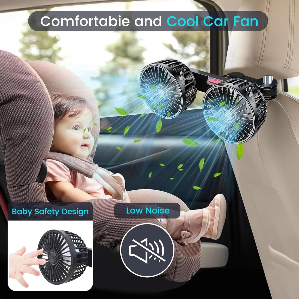 USB Car Cooling Fans for Backseat Dual Head Car Fan for Kids 360° Rotatable Headrest Fans 3-Speed Ultra-Quiet 5V Powerful Electric Air Circulation Fan for SUV Truck Sedan