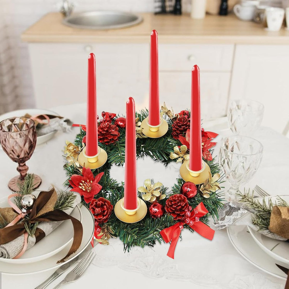 Christmas Advent Wreath Candle Holder Christmas Wreath Decorations 4 Candle Rings Wreaths Xmas Flame Retardant Candle Holder Holiday Wreaths for Home Church Christmas Wedding Table Dinner Party Decor