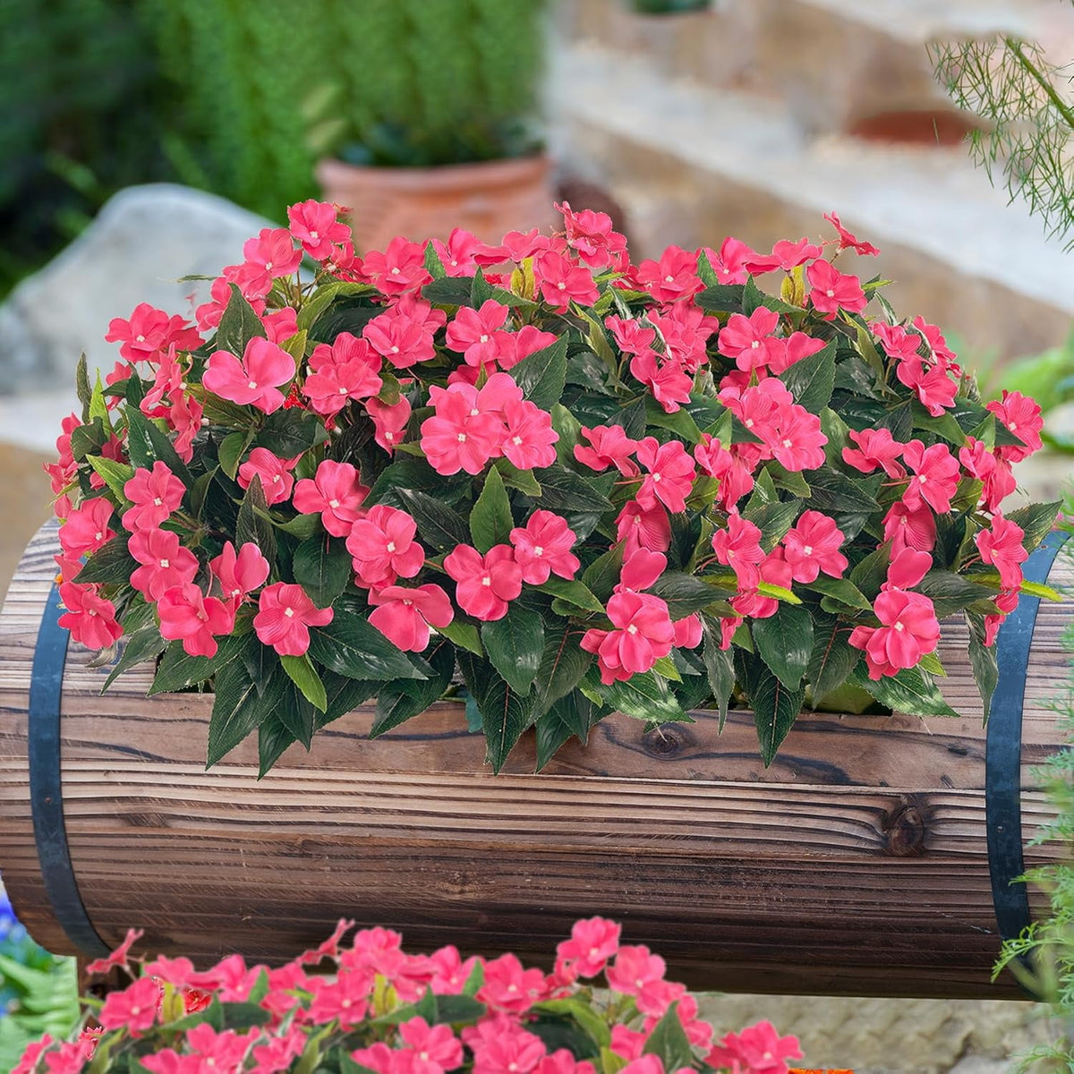 5 Pcs Artificial Flowers for Outdoors Silk Impatiens Flowers Bouquet Decorations Fake Faux Plants UV Resistant for Spring Summer Garden Porch Patio Window Box Balcony Planters Home Decor Rose
