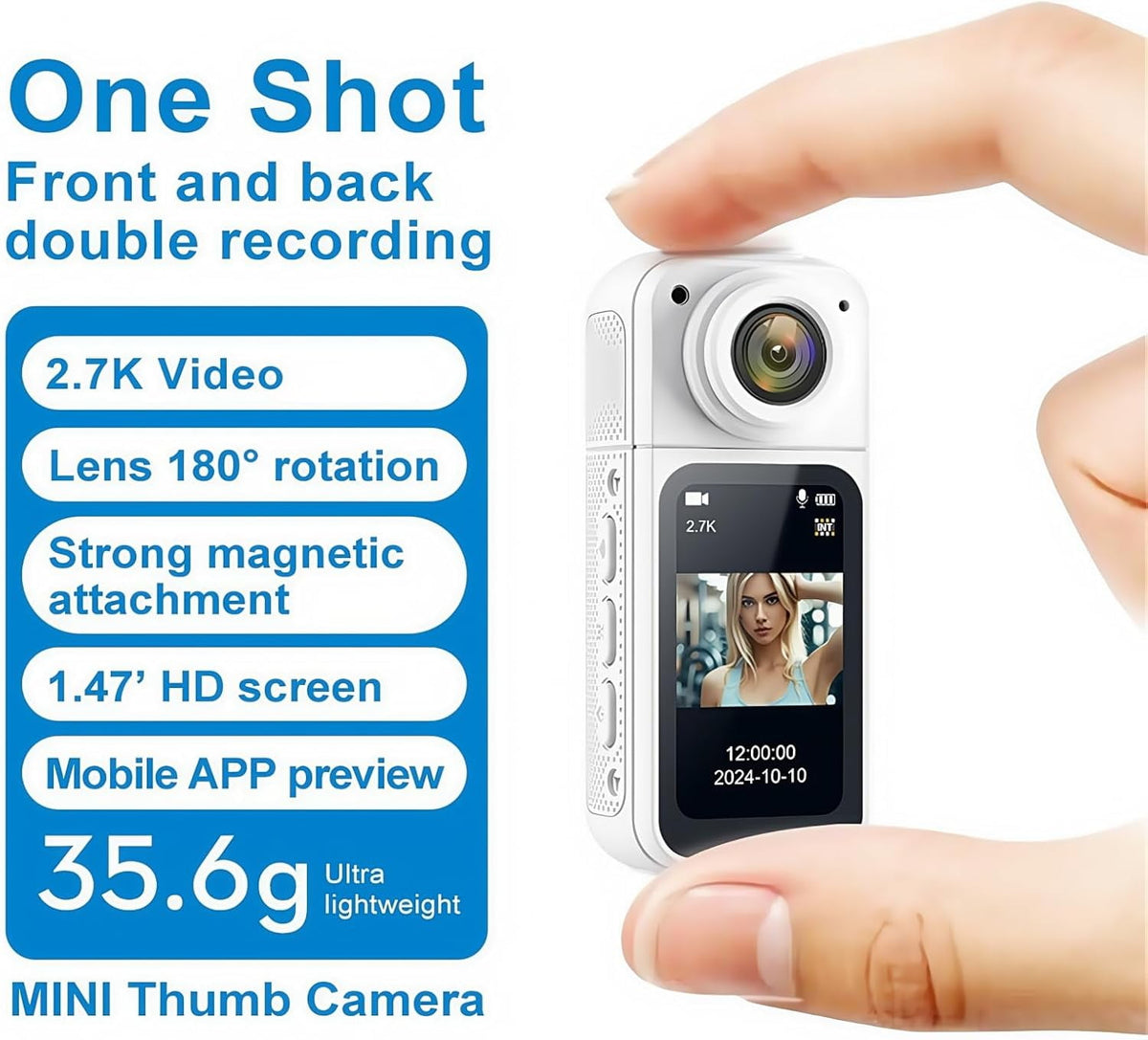 128GB FHD 1080P Mini Rotate Body Camera Wearable Action Body Cam Thumb Size Hands Free Recording Body Worn Camera Portable Camcorder Mount Anywhere for Work Travel Sport Pet Walking (White)