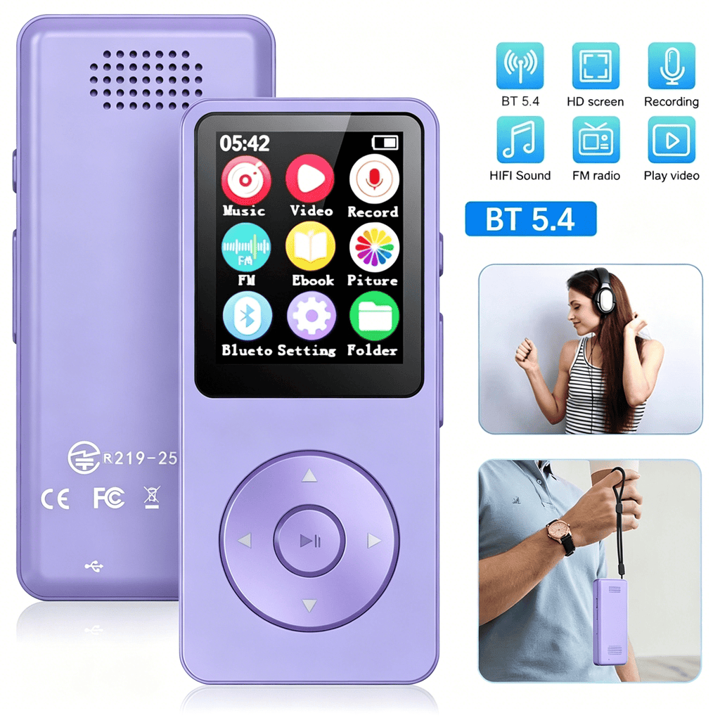 MUSICOZY MP3 Player with Bluetooth and 32GB Hi-Fi Music Player with Built-in Speaker Earphones Voice-Activated Recording MP3 Players with FM/E-Book/Video Supports up to 128GB for Kids Running Walking