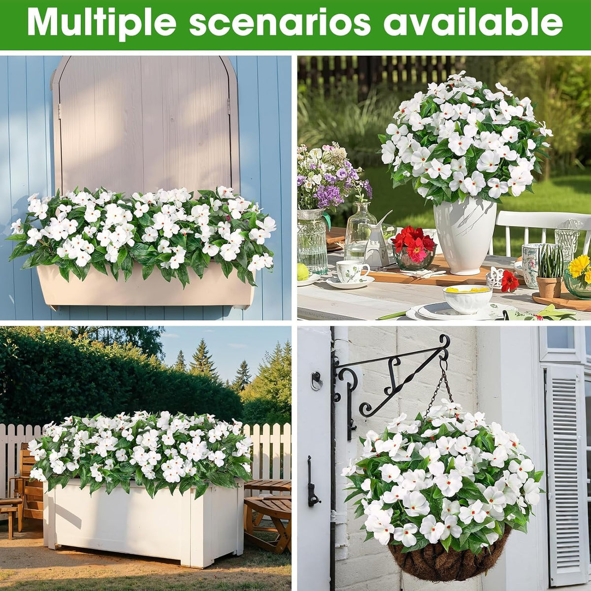5 Pcs Artificial Flowers for Outdoors Silk Impatiens Flowers Bouquet Decorations Fake Faux Plants UV Resistant for Spring Summer Garden Porch Patio Window Box Balcony Planters Home Decor White