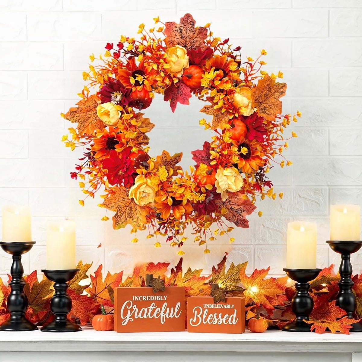 Fall Wreath Thanksgiving Decorations - 18inch Fall Wreath with Pumpkin Maple Leaf for Front Door - Autumn Wreath Artificial Wreaths with Flower for Thanksgiving Halloween Harvest Festival Home Decor