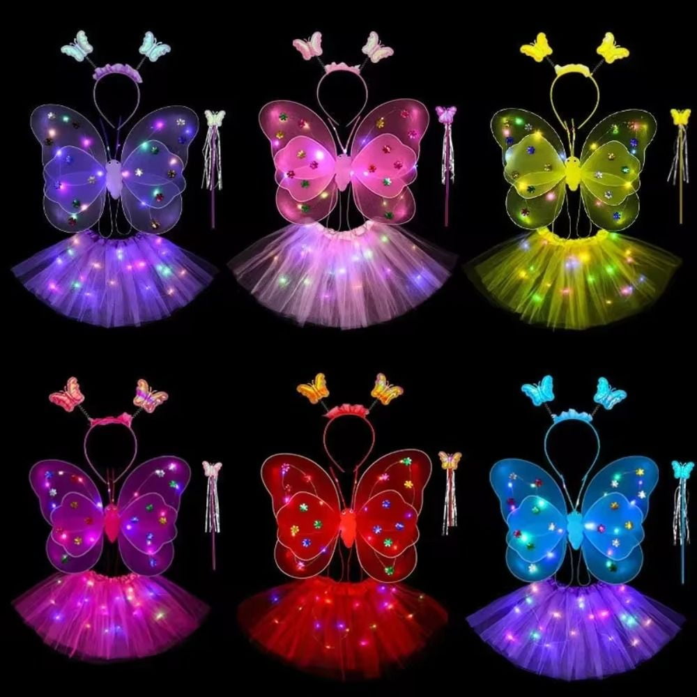 LED Children Costume Props Halloween Christmas gifts Fairy Princess Kids Costume Sets Butterfly Wings Wand Headband Tutu Skirt New Year Gifts for 3 4 5 6 7 8 Years Old Girls Blue with Light