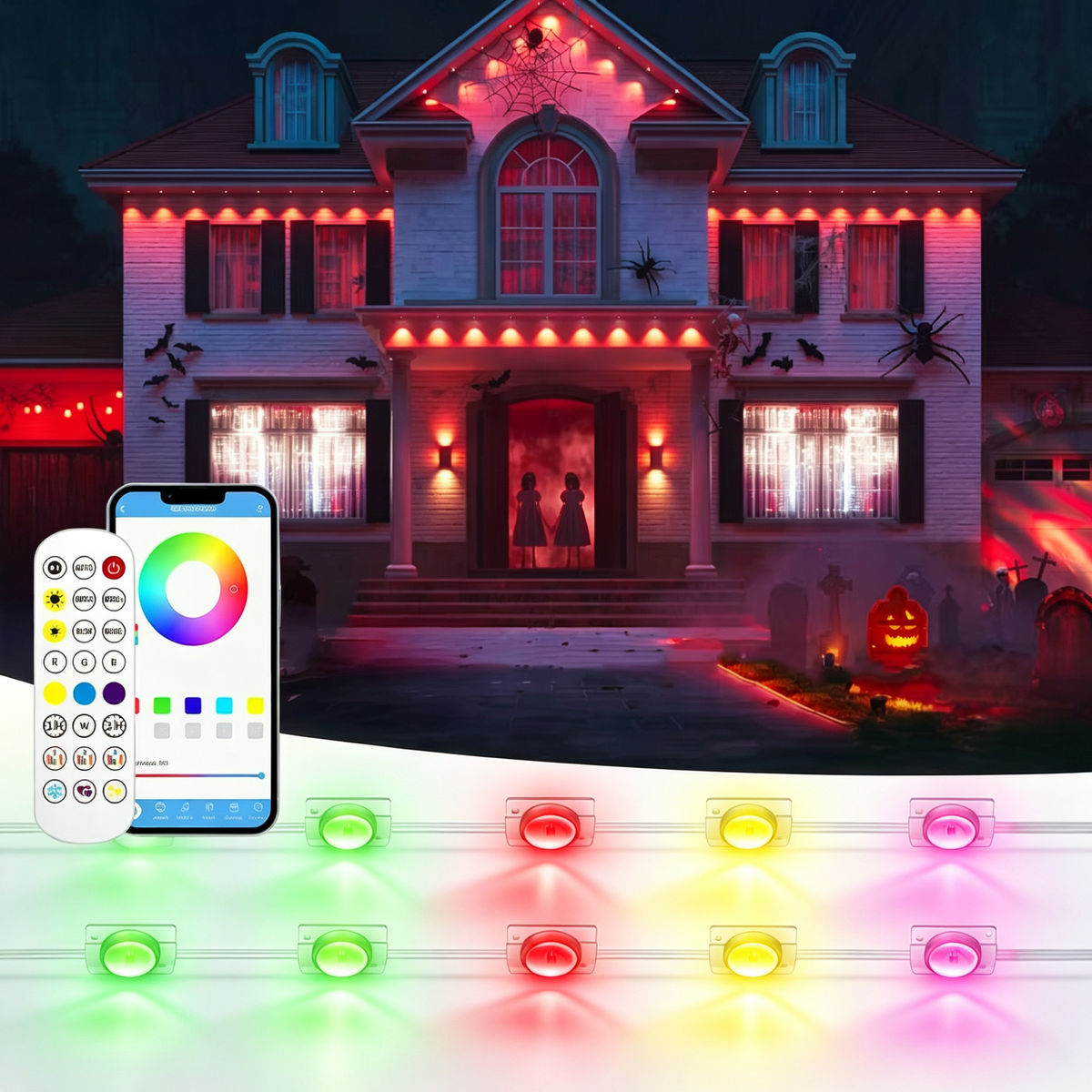 Permanent Christmas Outdoor Lights 49ft Smart RGBW Outdoor Eaves String Light with 18 LED Lights 16 Million Colors APP/Remote Control IP67 Waterproof Roof Lights for Halloween Christmas Party Decor