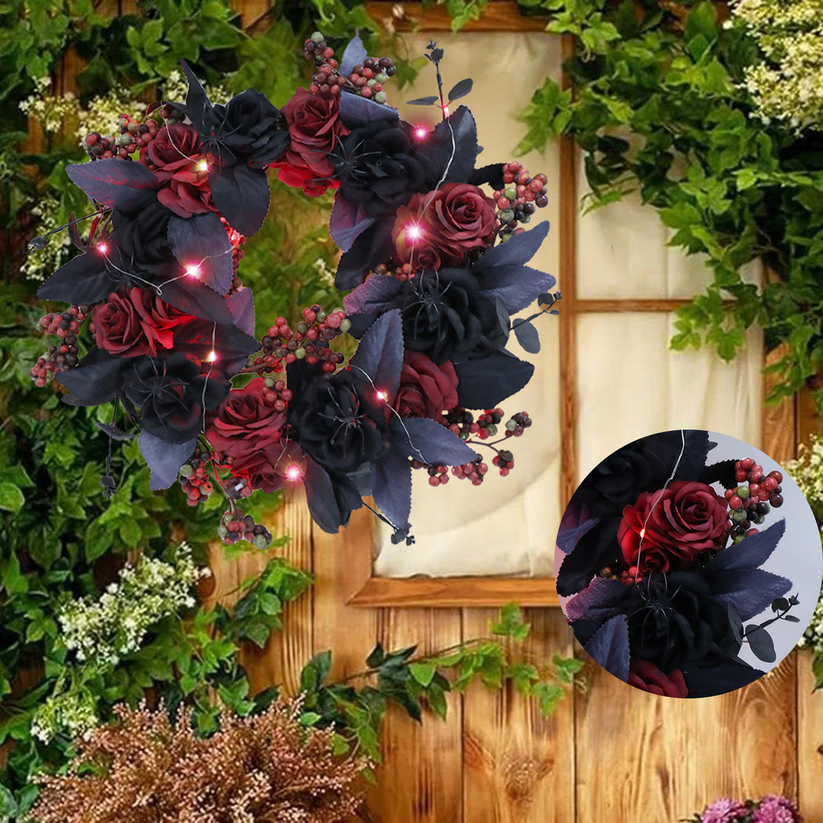 Halloween Decorative Wreath With Lights for Front Door Black Red Rose Wreaths 15 Berries Wreaths Decor with Black Leaves Garland Ornament for Wall Porch Window Indoor Outdoor Halloween Accessories
