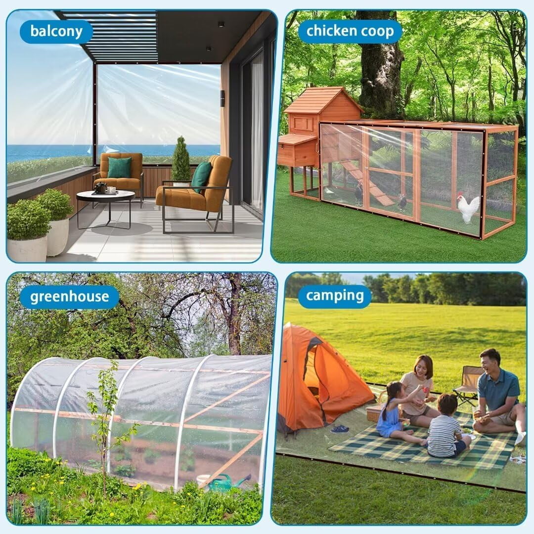Clear Waterproof Tarps with Grommets 7x13FT with 1 Rolls Ropes Clear Vinyl Tarp Heavy Duty Anti Tear Outdoor Clear Plastic Tarp Clear PVC Covering for Patio Henhouse Porch Canopy Plant Garden Camping