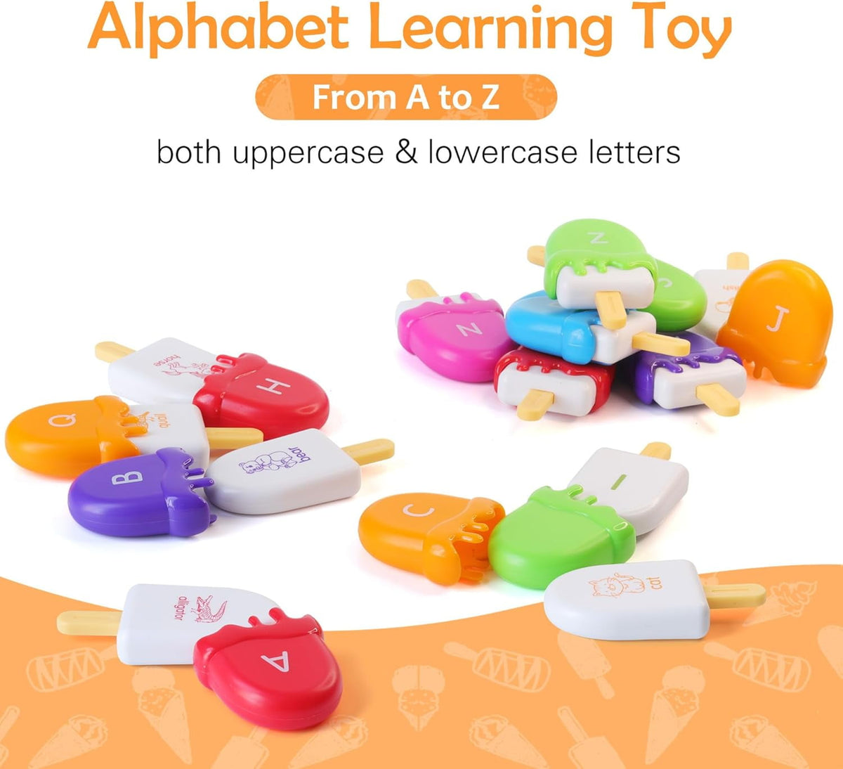 CEDQ ABC Alphabet Learning Toys for Baby 3 4 5 Alphabet Popsicles Animal Matching Toy Uppercase Lowercase Preschool Learning Activities Montessori Toys Back to School Gifts for Kids Ages 3+ 52 Pcs