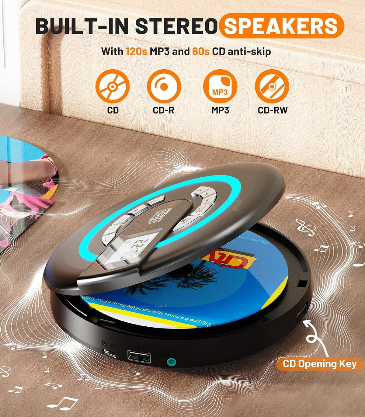 MUSICOZY Portable CD Player Bluetooth Personal CD Player with Built‑in Speakers Rechargeable Walkmans Support CD/MP3 Disc&USB Playback LCD Display Retro CD Player for Home Travel Car Student