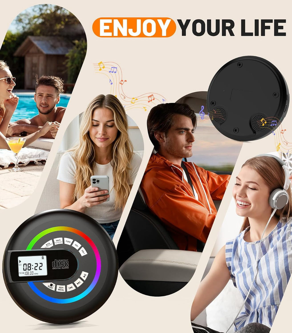 MUSICOZY Portable CD Player Bluetooth Personal CD Player with Built‑in Speakers Rechargeable Walkmans Support CD/MP3 Disc&USB Playback LCD Display Retro CD Player for Home Travel Car Student