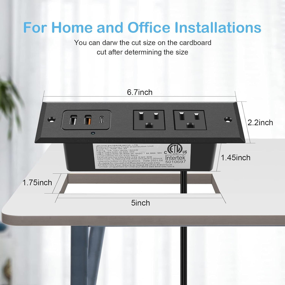 Recessed Power Strip with 20W USB C Port Fast Charging USB A Port Desk Outlet Furniture Hidden Charging Station for Side Table End Table with 6FT 45 Degree Flat Plug Extension Cord Black