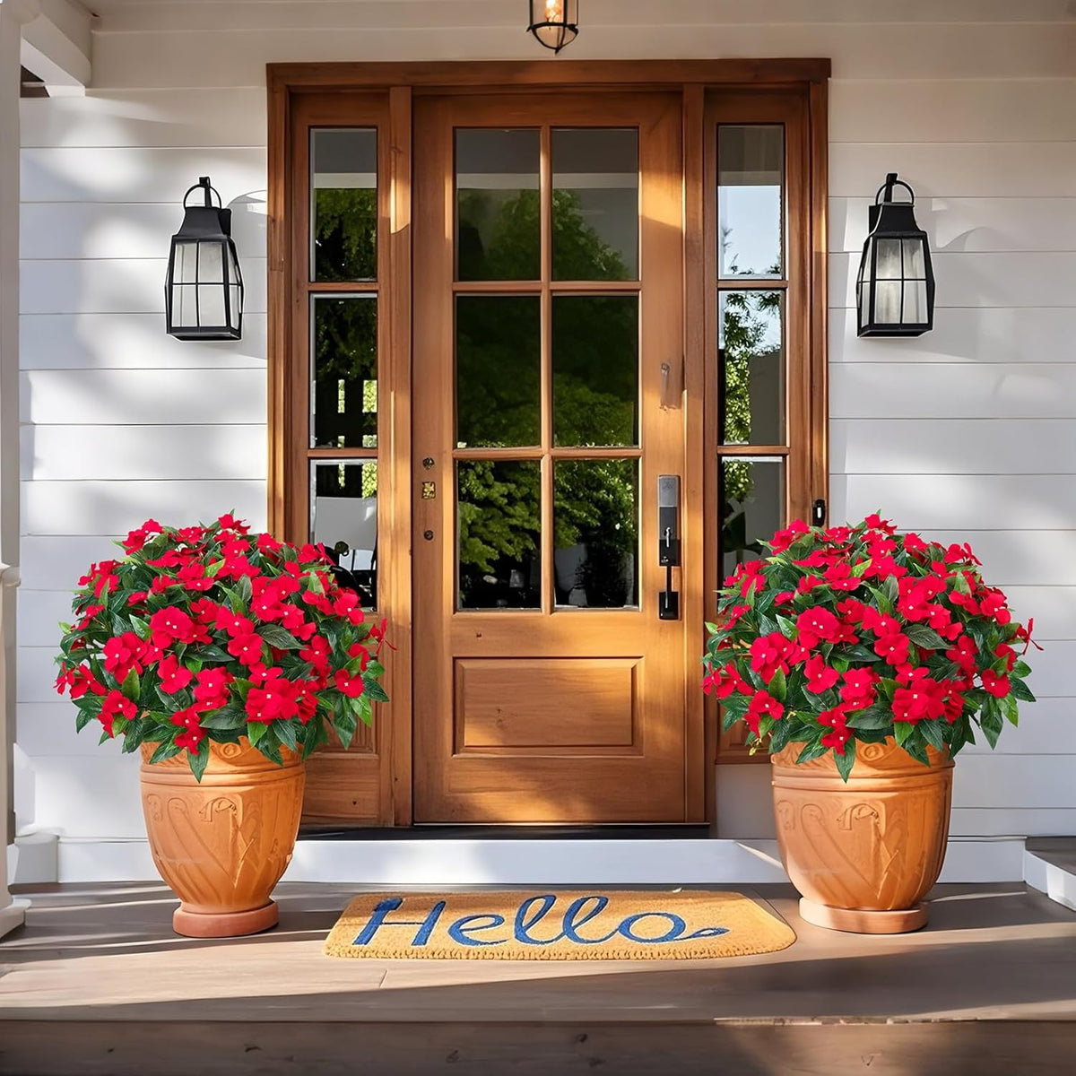 5 Pcs Artificial Flowers for Outdoors Silk Impatiens Flowers Bouquet Decorations Fake Faux Plants UV Resistant for Spring Summer Garden Porch Patio Window Box Balcony Planters Home Decor Red
