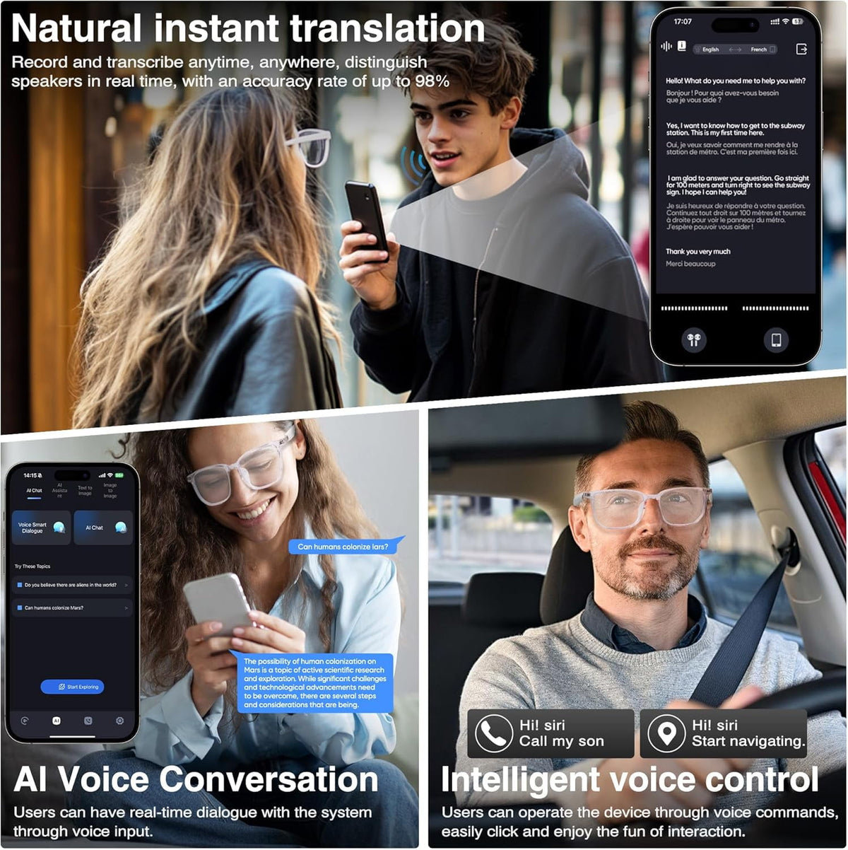MUSICOZY AI Translator Smart Glasses for Men Women Bluetooth Audio Glasses with 110+ Translation Smart Glasses Real-Time Translation Multifunctional Bluetooth Glasses Open Ear Lighweight (White)