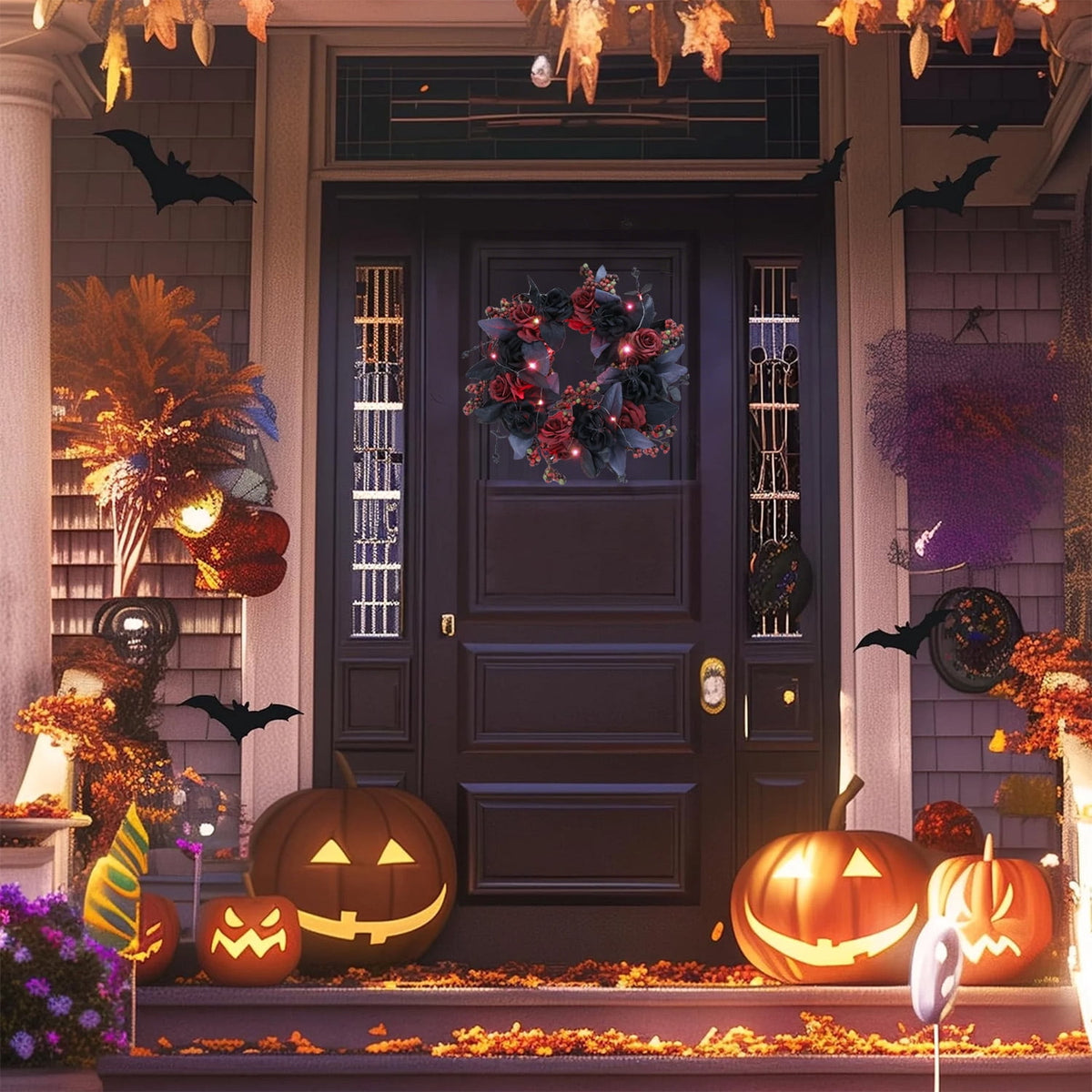 Halloween Decorative Wreath With Lights for Front Door Black Red Rose Wreaths 15 Berries Wreaths Decor with Black Leaves Garland Ornament for Wall Porch Window Indoor Outdoor Halloween Accessories