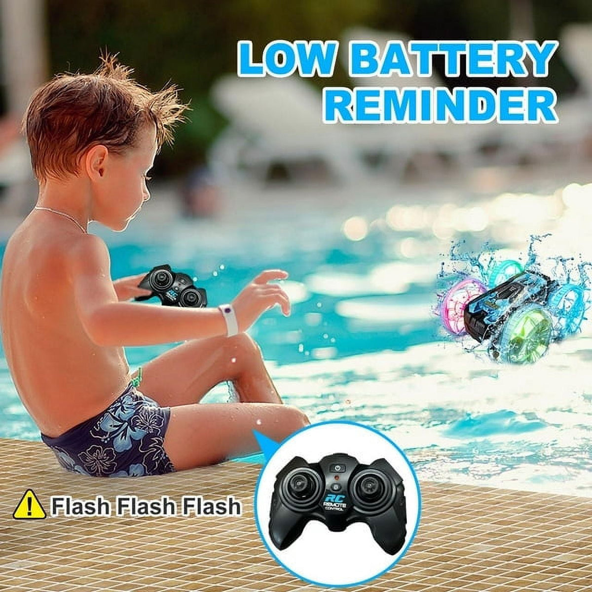 Amphibious Remote Control Cars Toys Amphibious Waterproof 4WD RC Stunt Car Toys for Kids 2.4 GHz 360° Rotating RC Drift Cars with LED Light Toy Cars Gifts for 3-12 Year Old Boys Girls Blue