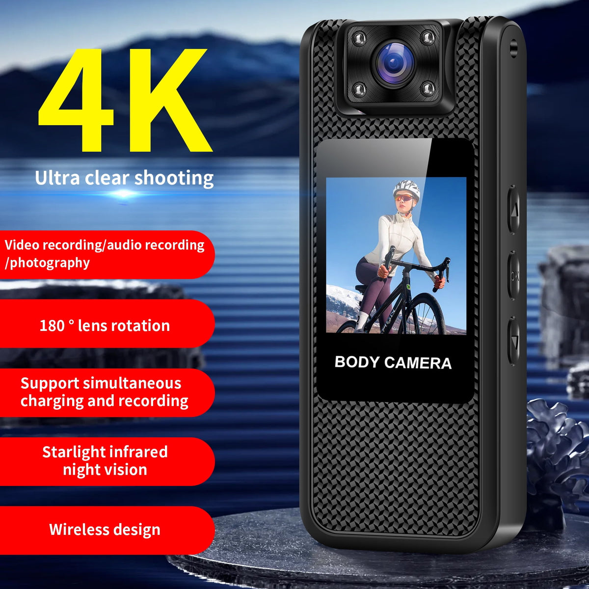 Mini Body Camera with Audio&Video Recording -4K 64GB WIFI HD Night Vision Cycling Recorder -180°Rotatable Lens Loop Recording Worn Cams - for Personal Travel Walking Law Enforcement Outdoor Cams