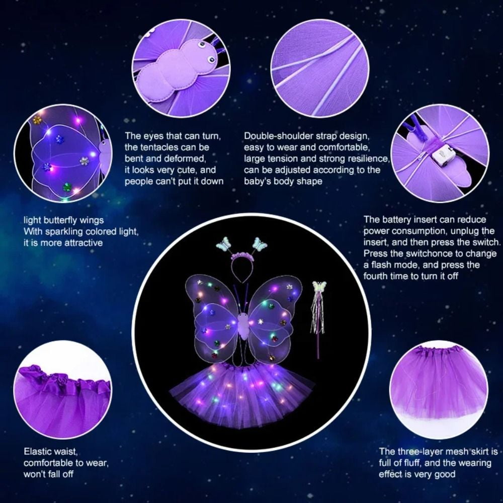 LED Children Costume Prop for Halloween Christmas Fairy Princess Kids Costume Sets Butterfly Wings Wand Headband Tutu Skirt New Year Gifts for 3 4 5 6 7 8 Years Old Girls Purple with Light