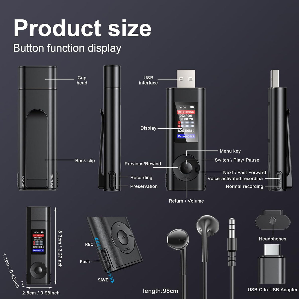MUSICOZY Digital Voice Recorder 64GB USB Voice Activated Audio Recorder Small and Portable Voice Recorders with Playback Digital Voice Recorder for Meetings/Interviews/Classroom Support to 256GB