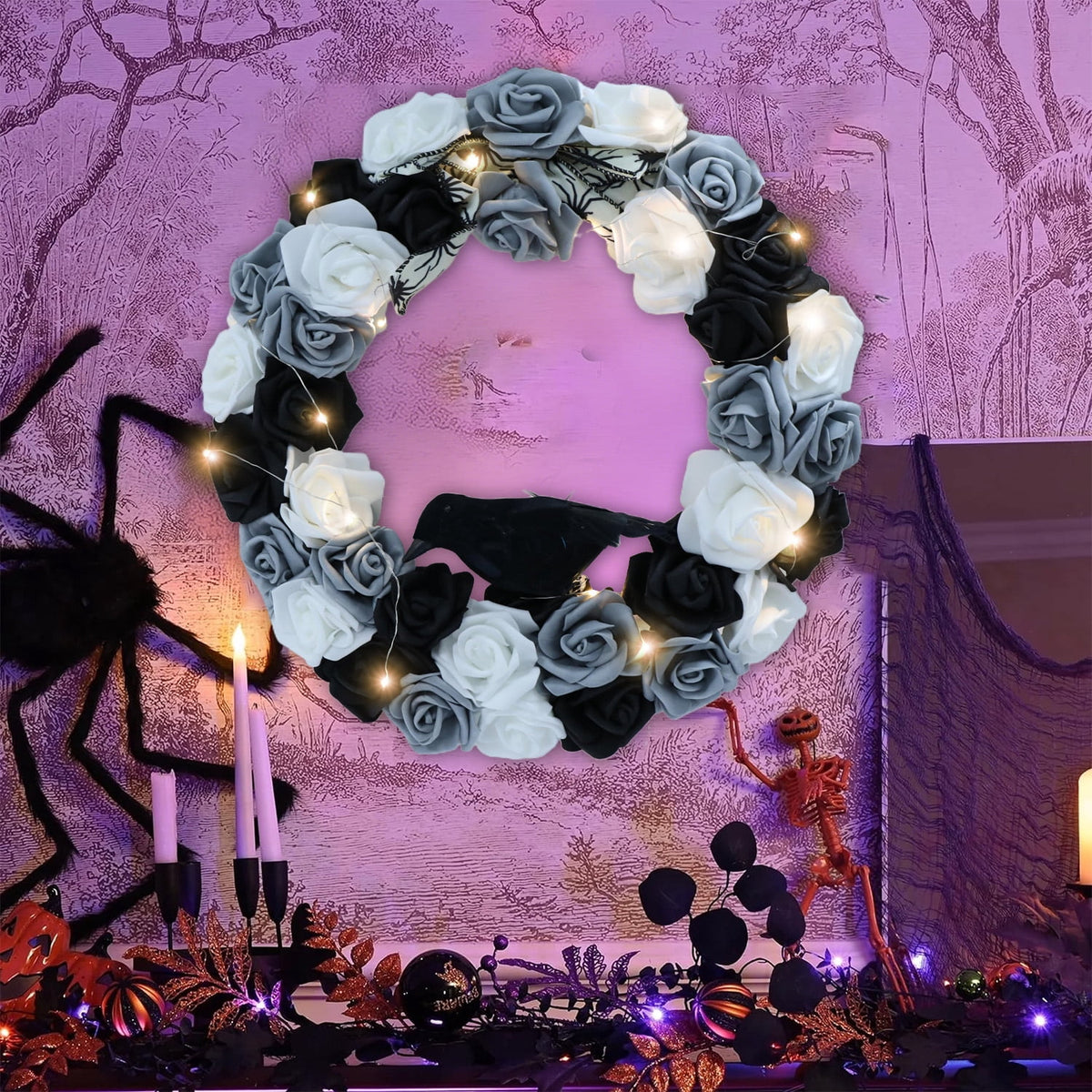 Halloween Decorative Wreath with Crow Roses Lights 13.7 Black White Flowers Gothic Garland for Wedding Creepy Decor Pendant Wreath for Front Door Porch Window Indoor Outdoor Home Halloween Decor