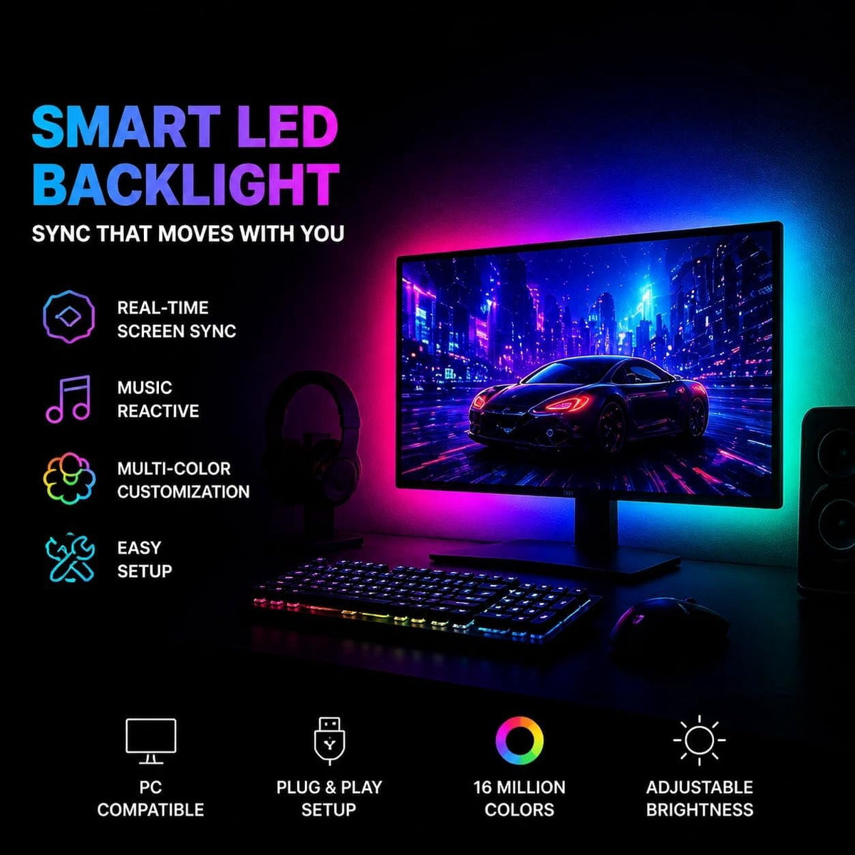 MUSICOZY LED Monitor Backlights for PC & Mac RGB Phantom Strip Lights that Sync with Screen Color or Music Computer Light Bar Behind Monitor LEDs for Desk Gaming USB Port Software Control 24 inch
