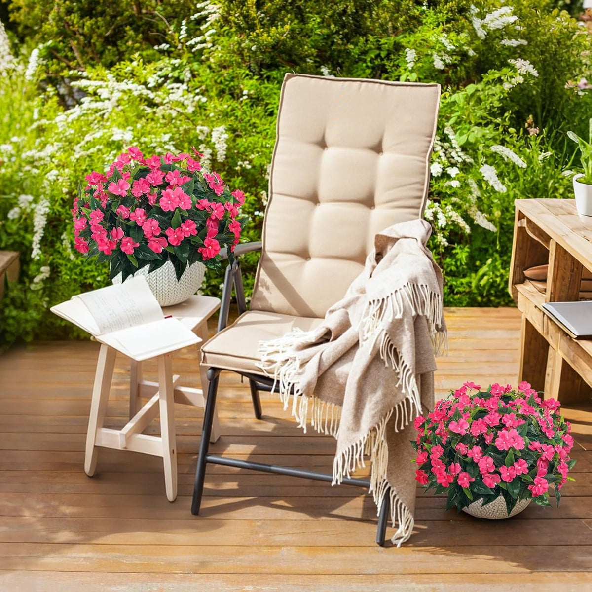 5 Pcs Artificial Flowers for Outdoors Silk Impatiens Flowers Bouquet Decorations Fake Faux Plants UV Resistant for Spring Summer Garden Porch Patio Window Box Balcony Planters Home Decor Rose
