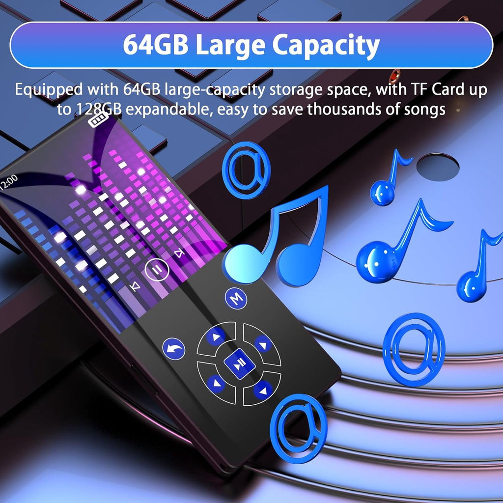 MUSICOZY 64GB MP3 Player Touch Screen Earphone Portable Digital Music Player Lossless HiFi Audio MP3 MP4 Player Support FM Radio/Video/Recorder/E-Book Supports up to 128GB for Studying Running