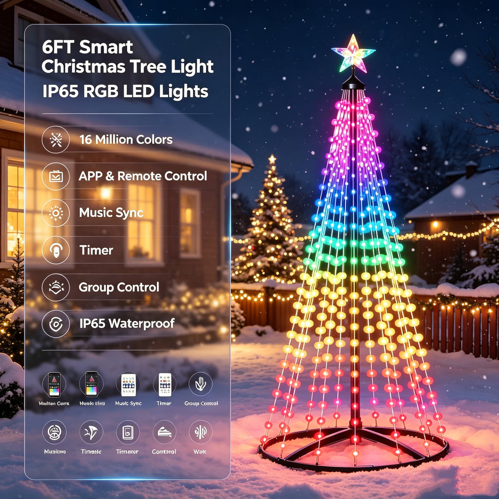 5FT Smart Christmas Tree Light IP65 RGB Christmas LED Lights 16 Mil Color Changing APP & Remote Control Music Sync Timer Group Control String Lights Xmas Decor Patio Beach Pool Cruise Party Gift