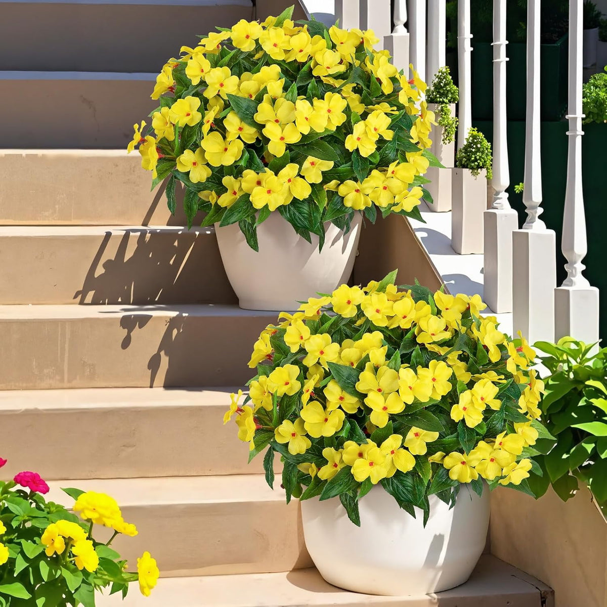5 Pcs Artificial Flowers for Outdoors Silk Impatiens Flowers Bouquet Decorations Fake Faux Plants UV Resistant for Spring Summer Garden Porch Patio Window Box Balcony Planters Home Decor Yellow