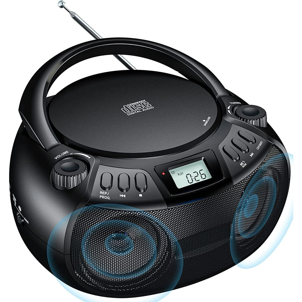 Boombox CD Player with Bluetooth Boombox AM/FM Radio USB Port Portable CD Player Stereo Sound Speaker MP3 Playback 3.5mm AUX Input Headphone Jack LCD Display CD-R CD-RW MP3WMA Playback