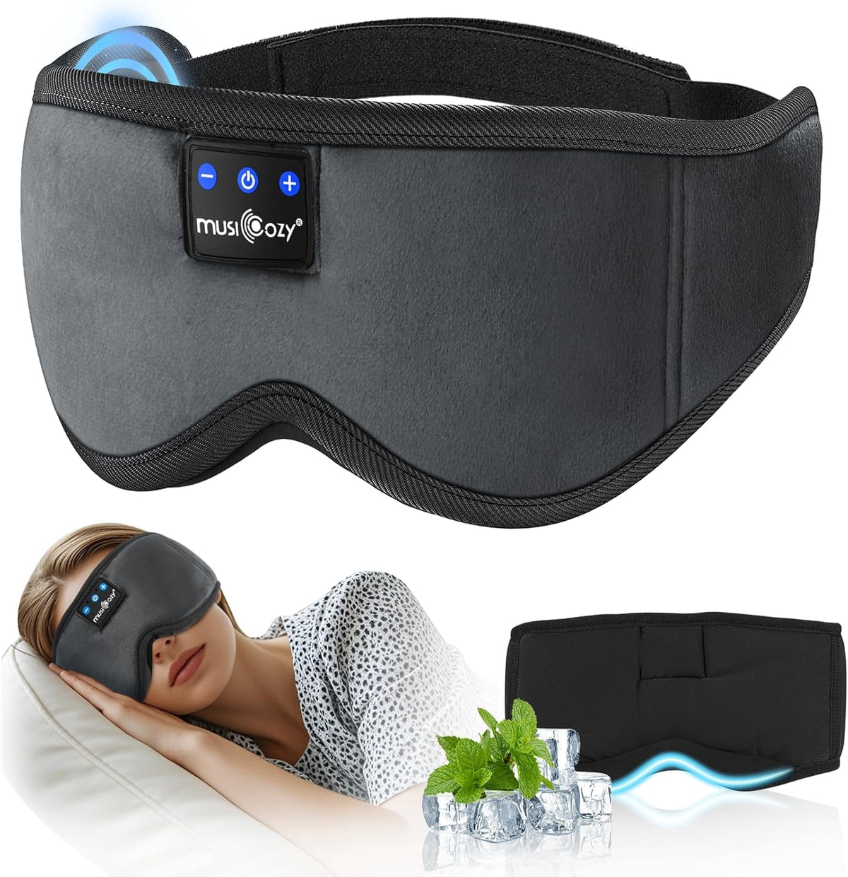 MUSICOZY Bluetooth Sleep Mask Headphones 100% Blockout Sleep Headphones with Bluetooth 5.4 16H Play Soft Eye Mask with Headphone for Sleeping Travel Nap & Side Sleepers Gift for Men/Women